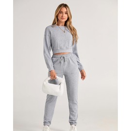 BTFBM Women 2 Piece Outfits Long Sleeve Crop Top Pullover Drawstring Pant Jogger Set Casual Sweatsuits Tracksuit Pockets(Solid Grey, Medium)
