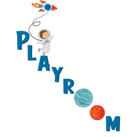 Playroom with Two Planets Neptune and Mars Design Vinyl Wall Decal - Entrance Banner Word Art with Astronaut and Rocket Ship for Kid's Play Room Wall Decoration - 20" x 25"
