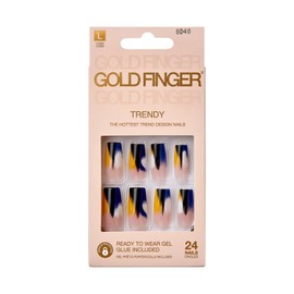 GoldFinger Trendy False Nails Kit, Long Squre Design Nail, Bold Neutral Blue Overlay Effect Print, Ready to Wear Gel & Manicure Stick included, Long-Lasting Convenient & Easy to Apply