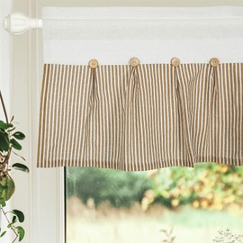FUANGUI Linen Valances for Windows 42" W x 18" L Kitchen Curtains Window Valances, Farmhouse Curtains Pleated Color Block Design with Coconut Husk Button Detail