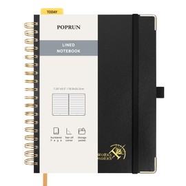 POPRUN Spiral Bullet Lined Journal Notebook, [B5 Size] - 120 Gsm Thick Paper, 220 Numbered Pages, Wirebound Notepad for Men & Women with Pocket, Index Tabs, 8 Perforated Sheets, Black