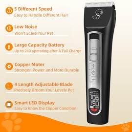 YSpetclp Dog Clippers for Grooming,Low Noise,Rechargeable,5 Speed,Smart LED Display,Cordless,for Matted Hair, Quiet Animal Trimmer Pet Hair Thick Coats Shaver for Dogs, Cats, Rabbits and Horse