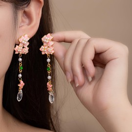 Dainty Enamel Cherry Flower Stud Earrings Dangle Gold Plated Tassel Beads Jewelry Gifts Statement Accessories Charms (Pink)