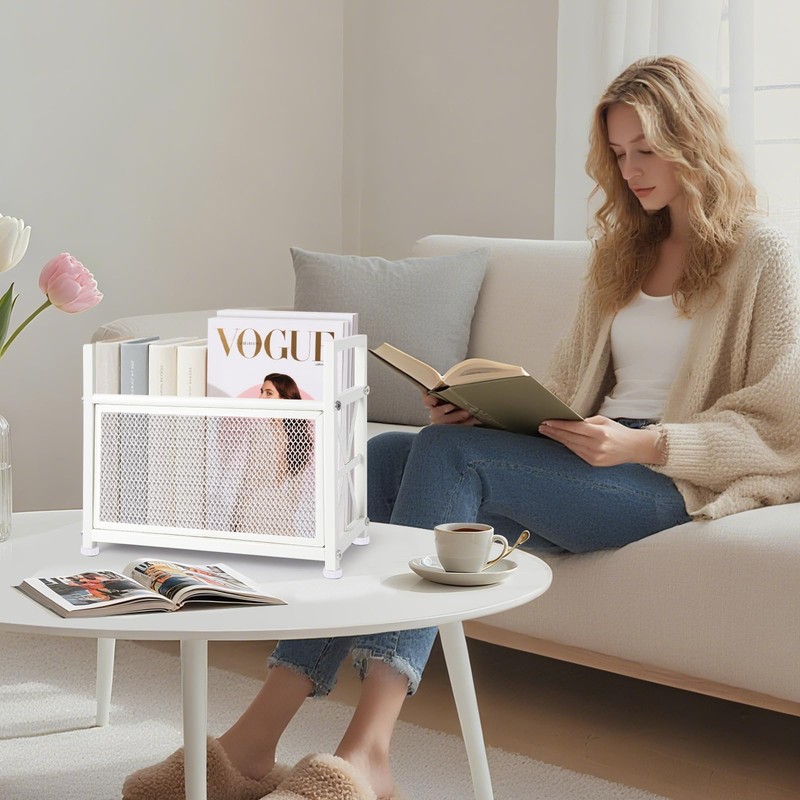 White Magazine Holder, Metal Magazine Rack Floor, Magazine Storage Basket,