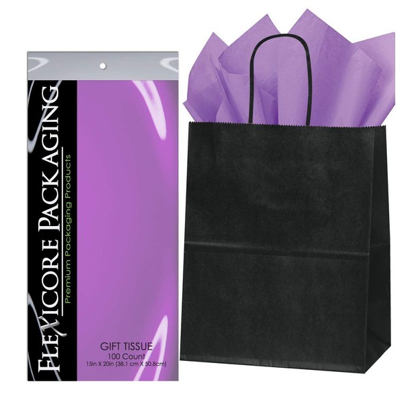 Flexicore Packaging® | 8"x4.75"x10.25" Black Kraft Paper Gift Bags + Gift Tissue Paper (Lavender Purple, 5 Bags)