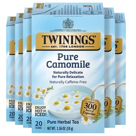 Twinings Pure Camomile Herbal Tea Individually Wrapped Bags, Calming & Delicate, 20 Count (Pack of 6), Naturally Caffeine-Free, Enjoy Hot or Iced, 120 Teabags
