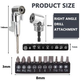 Total 3 Pcs Right Angle Drill Attachment，2 Pcs 105 Degree Right Angle Drill Driver 105 Degree Right Angle Drill Adapter and 10 Screwdrivers ，360°Rotatable Set for 1/4" Drill