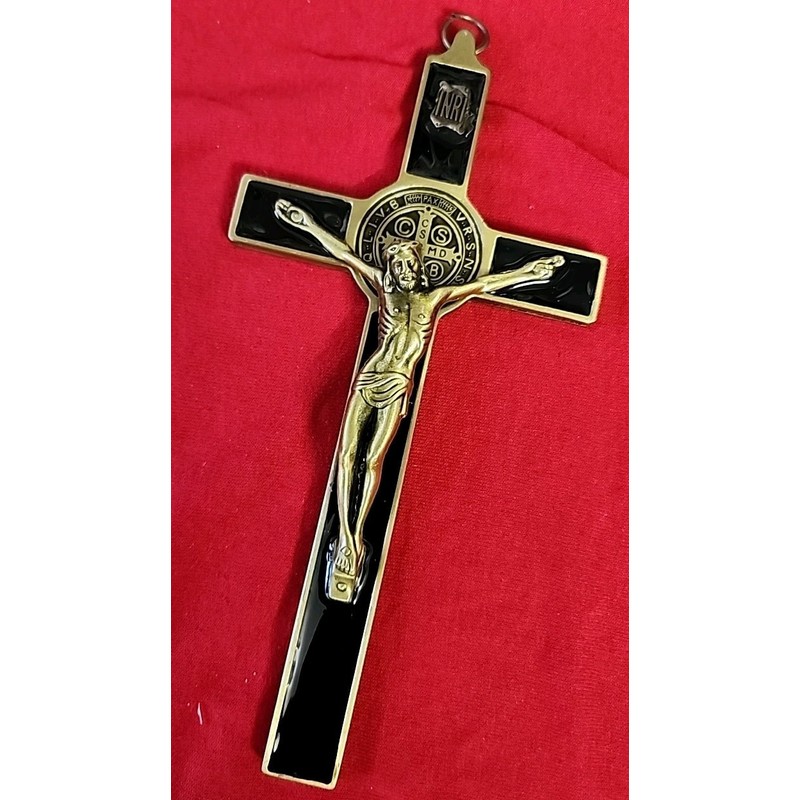 SAINT BENEDICT BLACK Enamel metal Golden Color Wall Cross Saint
