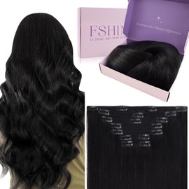 Fshine Extensiones invisibles con clip de pelo humano natural negro para principiantes, 40 cm, 120 g, color 1B
