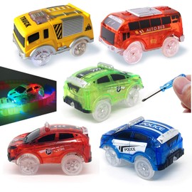 Track Cars [5 MEGA PACK] w/5 Led Light Up Replacement Glow-In-The-Dark Car |Track Accessories| Police Car, 2-Dinosaur School Bus, 2-Army/Sports Car, Compatible With Magic Tracks N Other Track Boy Girl