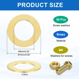 MECCANIXITY 58 Pack Brass Flat Washer, M8 Copper Washers Crush Washer Kit Assortment, 8mm ID, 14mm OD, 0.5mm Thick for Bolts Screws Machinery Repair, Outdoor Construction