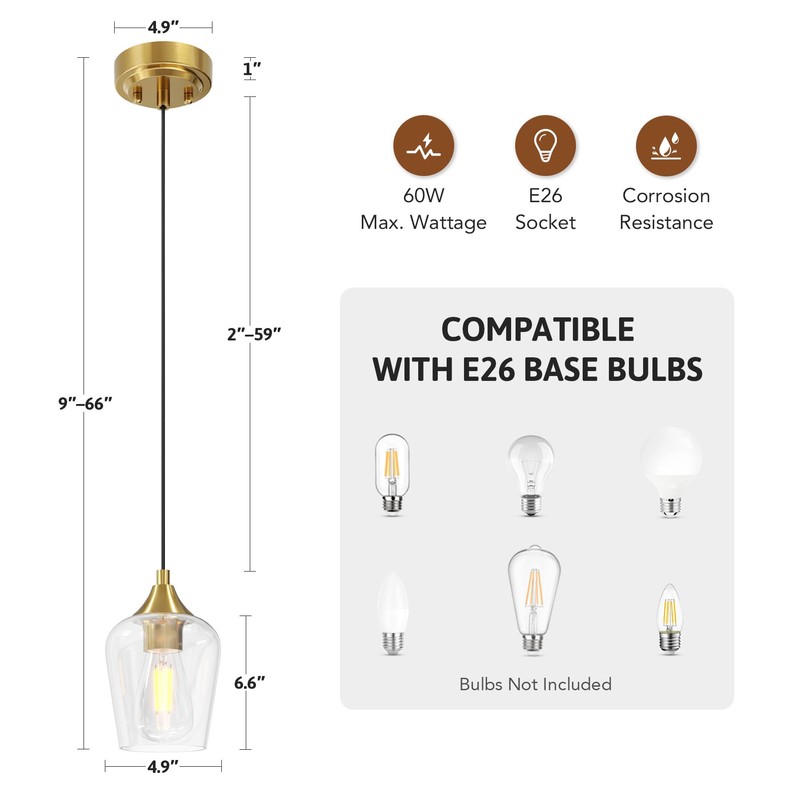 VONLUCE Pendant Lights Kitchen Island, Brushed Gold Pendant Light Fixtures