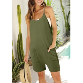 Women's V Neck Sleeveless Romper Adjustable Spaghetti Strap Oversized Shorts Romper with Pockets Green XXL