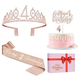Decoraciones de 4º cumpleaños para niña, incluyendo banda de 4º cumpleaños, corona de cumpleaños para niñas, número 4 velas y decoración de pasteles, decoraciones de cumpleaños de 4 años para niñas, suministros de regalo de fiesta de oro rosa