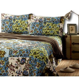 Tache Cotton Floral Patchwork Bedspread - Lost Forest - Lightweight Reversible Blue, Green, Brown, Quilt Coverlet Set - Queen