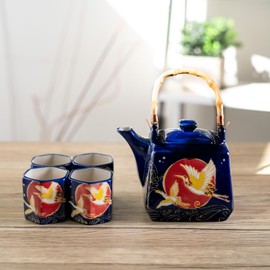 Urban Tokyo Japanese Style Cube Shape 20oz Porcelain Tea Set Teapot with Strainer, Wooden Handle and 4 Hexagon Tea Cups, Moon Crane Design