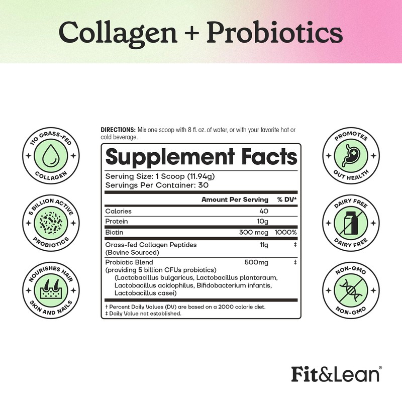 Fit & Lean Collagen + Probiotics- Grass-fed Collagen Peptide Powder,