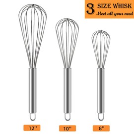 Polly Online Stainless Steel Whisk Set, 3 Packs Balloon Whisk for Cooking, Whisking, Blending (8",10",12")