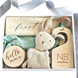 Baby Gift Box - Baby Gift Set Including Milestones Set, Baby Closet Dividers, Bunny, Teether+Blankie and Outfit Keepsake (Ultimate 5-Pack Gift Set)…