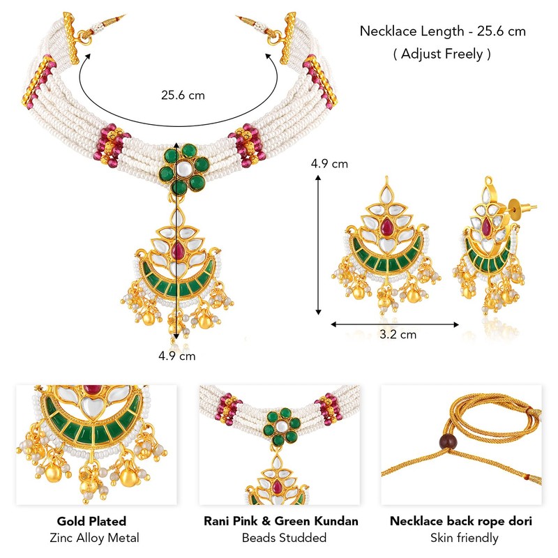 Aheli Gold Plated Rani Pink Green Kundan & Beads Studded