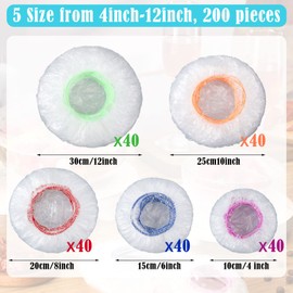 200 Pcs 5 Size Plastic Bowl Covers with Elastic Bulk Reusable Bowl Covers Disposable Food Covers Storage Cover Plastic Wrap for Leftovers Family Outdoor Picnic (Vivid Colors)