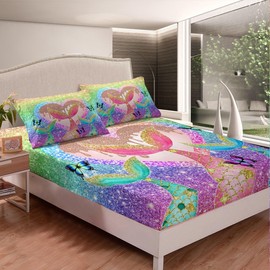 Mermaid Fitted Sheet Single Size, Colorful Glitter Bed Cover with 1 Pillowcase, Mermaid Tail Butterfly Bedding Set 2pcs for Kids Girls Adults Room Decor, Soft Polyester Bedding