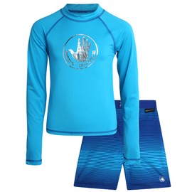Body Glove - Traje de baño para niños con protector de erupciones UPF50+ 2 piezas con pantalones cortos (talla 4-12), Aqua Blue Lines, 6
