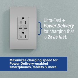 Legrand radiant R26USBPDGRY 15 Amp Tamper-Resistant Decorator Duplex Receptacle Outlet with Ultra Fast USB C/C 6.0A Charging Ports PLUS 30W Power Delivery, Gray (1 Count)