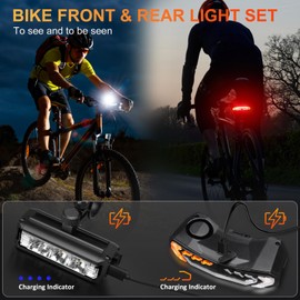 WSDCAM Bike Light Set with Bike Horn Alarm, Remote Control Bike Tail Light with Turn Signals and Brake Light Bike Alarm Horn, Bike Headlight for Night Riding, Rechargeable Rear and Front Bike Light