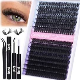 Geeneiya Wispy Lash Clusters Kit 50D+70D Lash Extension Kit 10-18mm Cluster Eyelash Extensions Kit Natural Individual Lashes Kit with Waterproof Lash Bond and Seal Glue Lash Tweezers for Beginners