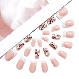 Handcess Square Shiny False Nails Short French White Press on Nails Glitter Leaves Acrylic False Nails Stick on Nail 24 Pieces for Women and Girls
