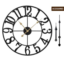LEIKE Large Wall Clock, 18.5" Silent Non-Ticking, Battery Operated, Oversized, Decorative Retro Black Metal Clock for Living Room,Farmhouse, Dinner Room,Indoor, Outdoor(47cm, Black Arabic Number)