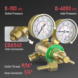 YESWELDER Oxygen Regulator CGA540, 0-4000PSI and 0-100PSI Welding Gas Gauges With 9/16"-18 Outlet Thread and 1/4" Hose Connector, T-Handle
