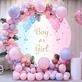 OERJU Gender Reveal Round Backdrop Cover Boy Or Girl Round Backdrop Pink Blue Balloons Stars Gender Reveal Background for Photography Newborn Baby Shower Party Circle Backdrop Cover 6x6ft