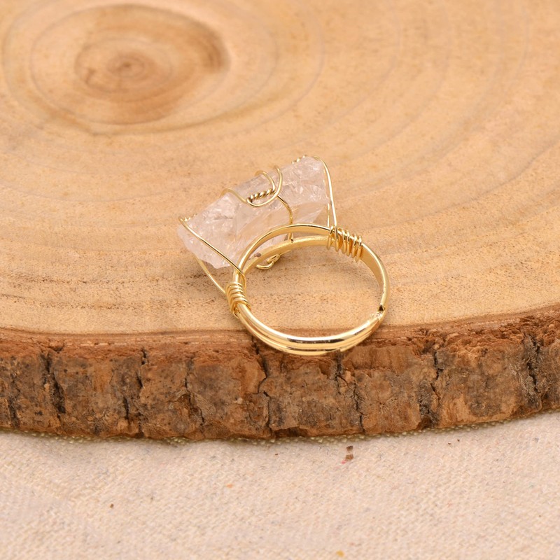 Wire Wrapped Natural White Quartz Crystal Rough Stone Ring, US