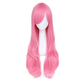 Long Wavy Synthetic Wig with Side Bangs for Cosplay Daily Party Pink