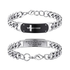 Rajputana Cross Bracelet for Men, Silver Stainless Steel Cuban Cross Chain Link Bracelet Bible Verse Bracelets Jewelry Gifts Adjustable Wrist Cross Chain Bracelet for Men Boys Isaiah 41:10