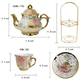 CHANJOON tea sets Gold Plated Red Rose Ceramic Tea Set, Vintage Teapot Tea Sets Beautiful Tea Set Coffee Serving 6 People (Golden, Medium)