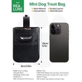 Realure Dog Treat Pouch Bag with Clip, Dog Treat Bag Small, Double, Easy Open, Waterproof, Hands Free, Portable, Treat Pouch for Dog Training, Walking and Travel, Pet Outdoor Use, Black
