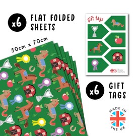 CENTRAL 23 Horse Wrapping Paper - 6 Sheets Of Green Gift Wrap - Farm Animal Wrapping Paper - For Kids Baby Boy And Girl - Birthday Baby Shower Christmas - Comes With Stickers