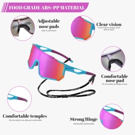 XWUX Sports Glasses Quick Glasses Men Women UV400 Polarised Cycling Glasses HD View Non-Slip Cycling Glasses Road Bike Glasses for MTB Road Bike Cycling Running Golf Ski Rave (Pink-Blue)