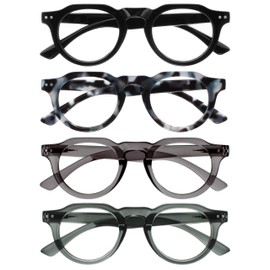 OPULIZE RIO Reading Glasses with Blue Light Blocking for Women and Men, Flat Top Frame with Spring Hinges, Computer gaming glasses, Black, Blue Tort, Dark Green, Mid Grey +2 (Pack of 4)
