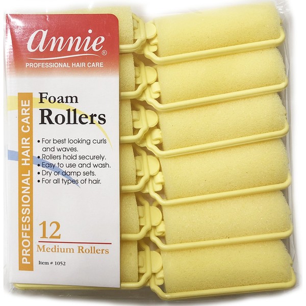 Annie Classic Foam Cushion Rollers #1052, 12 Count Yellow Medium 7/8 Inch (4 Pack)