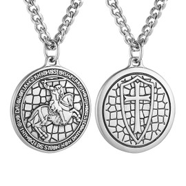 HZMAN Knights Templar Necklace for Men Stainless Steel Medieval Red Cross Round Medal Pendant Jewelry Gift (Silver)
