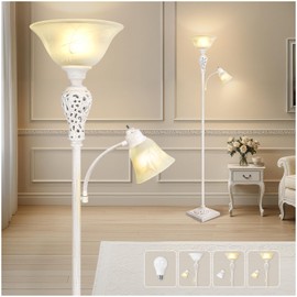 Torchiere Floor Lamp with Adjustable Reading Light, 72" Tall Vintage Lamp with White Glass Shade, Farmhouse Standing Lamp, Rustic LED Floor Lamp for Living Room Bedroom Office Corner, Bulbs Included