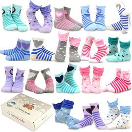 TeeHee Little Girls and Toddler Cute Novelty and Fashion Cotton Crew Socks 18 Pair Gift Box (6-8 Years, Heart Stripe and Ruffle)