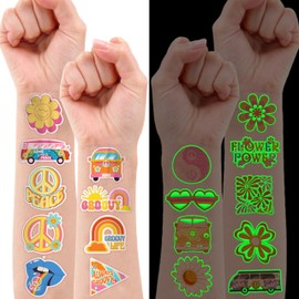 96 PCS Two Groovy Retro 60s 70s Pre-Cut Temporary Tattoos for Kids | Super Cute Themed Birthday Party Favors, Supplies, Decorations, Fake Tattoo Stickers (Luminous)