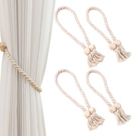 Zliger Pack of 4 Magnetic Curtain Tiebacks, Curtains Tiebacks, Curtain Holdbacks Back, Natural Cotton, Handwoven (One Size Cubic Pearl)