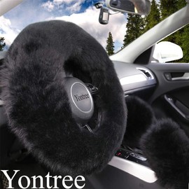 Yontree Fashion Fluffy Steering Wheel Covers for Women/Girls/Ladies/Men Australia Pure Wool Universal 15 Inch 1 Set 3 Pcs (Black)