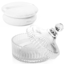 2 count Extra Large Body Powder Puff & Luxury 6" Glass Jar Dusting Powder Container with Puff for Women Bath Powder Puffs  for Talcum or Loose Powder (White) - Colour: White